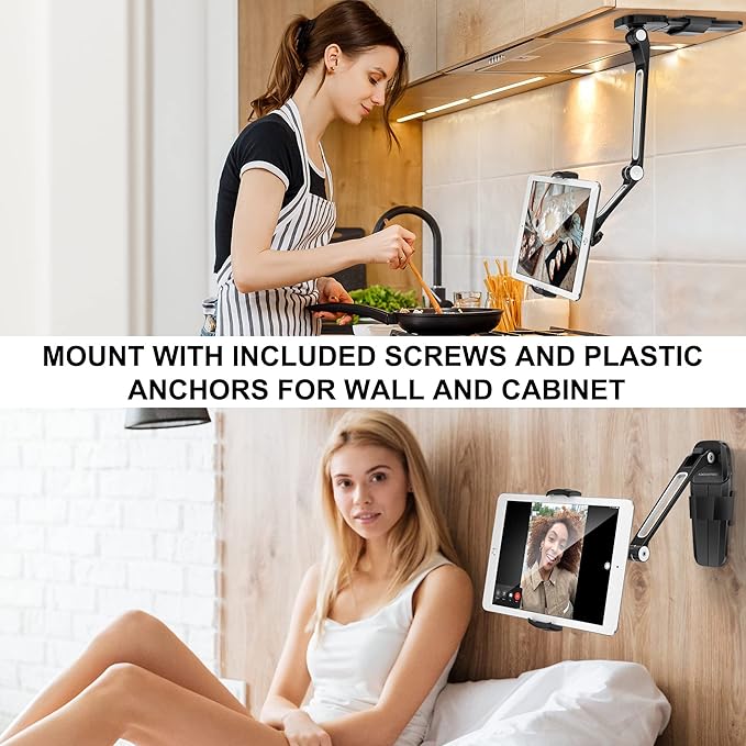 AboveTEK iPad Wall Mount, 3 in 1 Highflex 360° Under Cabinet iPads Mount for Kitchen, Tablet Celling Under Counter Holder, Kitchen Tablet Mount Fits 4.7" to 13.5" iPad, mini, Air, Surface Pro - Black