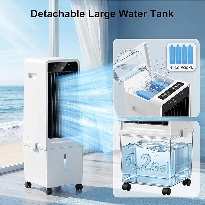 Uthfy 1800CFM Swamp Cooler Air Conditioner, Evaporative Air Cooler with 4.2 Gal Detachable Water Tank, 4 Ice Packs, 120°Oscillation, 12H Timer, 3 IN 1 Portable Cooling Fan for Indoor, Bedroom, Office