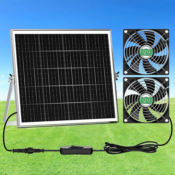 Solar Chicken Coop Fan 2 Kit, 20W Solar Powered Greenhouse Fan Outdoor Waterproof, Solar Exhaust & Intake Fans, Hi-Airflow for Shed Dog House Air Circulation Ventilation Cooling, No Battery