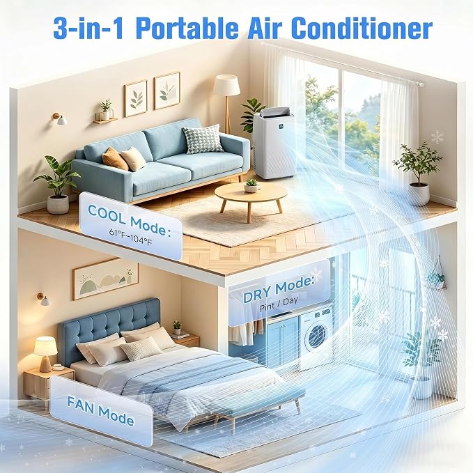14000 BTU Portable Air Conditioners, 4-in-1 Cooling, Dehumidifier, Fan and Sleep - Quiet Operation, Remote, 24H Timer & Window Kit - Cools Rooms up to 750 Sq.Ft - Perfect for Bedroom
