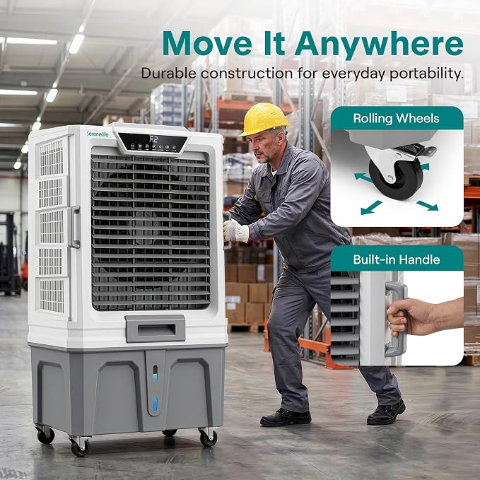 SereneLife Portable Swamp Cooler with 12000 CFM Power - Industrial Evaporative Air Cooler for Large Indoor & Outdoor Spaces, 150 L Tank, 60° Oscillation, 12-Hour Timer, Wi-Fi & Remote Control