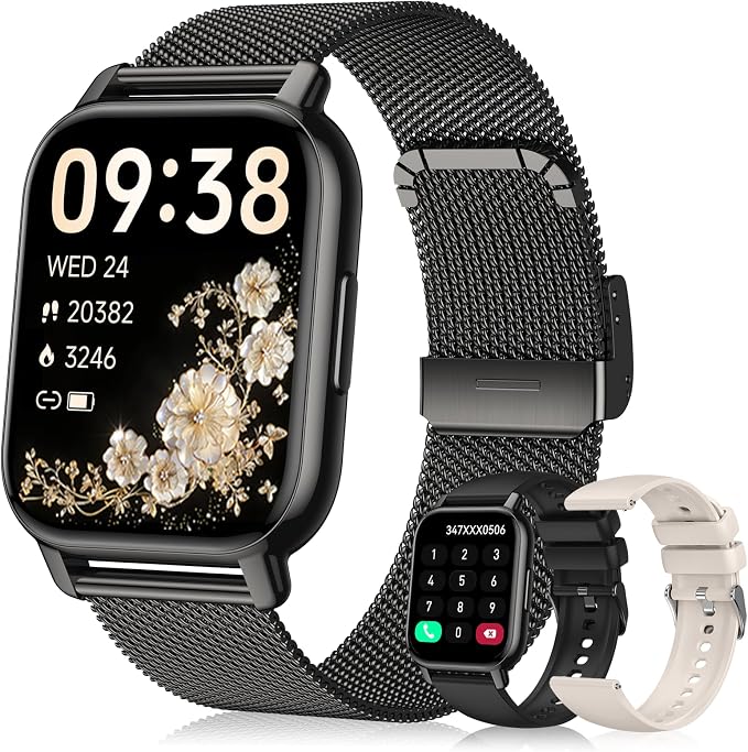 Smart Watch for Women (3 Bands), 1.85'' HD Fitness Tracker with Bluetooth Calls, IPX8 Waterproof Smartwatch for Android iPhone, 112+ Sport Modes, Heart Rate & Breathing Rate Sleep Monitor, Black