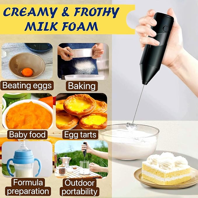 Milk Frother Handheld,Hand Mixer For Drinks with Detachable Stainless Steel Whisk,Electric Whisk for Coffee,Lattes,Cappuccino&Matcha,Cold Foam Frother with Easy-Clean&Portable Design-Black