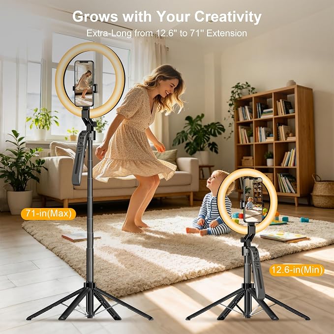 10" Ring Light with 71" Phone Tripod Stand Auto Face Tracking, Vlogging Kit for iPhone Tripod with Remote, Dimmable LED Circle Round Light for TikTok/Makeup/YouTube/Live Steaming