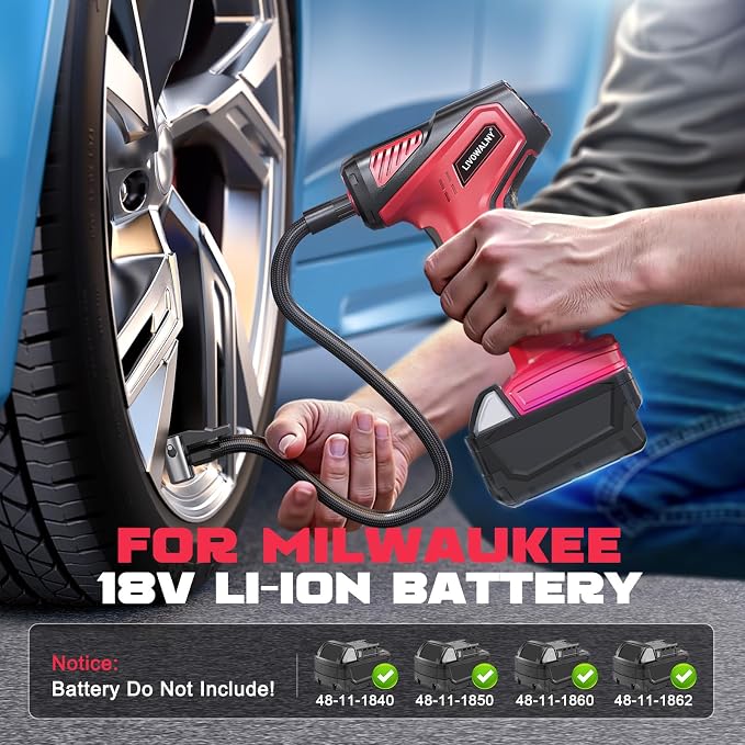 Tire Inflator Portable Air Compressor Compatible With Milwaukee 18V Battery, LIVOWALNY 150PSI Air Pump Cordless Tire Pump Digital Pressure Gauge, Tire Inflator for Car, Bike, Motorcycle (Tool Only)