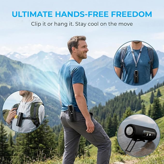 Portable Handheld Fan with Ice Cooling Plate, 3 in 1 Mini Personal Fan with Light & Clip, 5 Speed Rechargeable Fan with LED Display & Hidden Stand, Hands Free Camping Fan for Travel, Desk (Black)