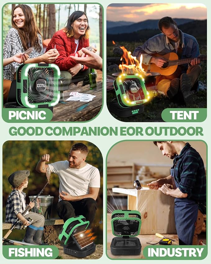 25000mah Camping Solar Fan, 120° Oscillation Rechargeable Solar Powered Fan with LED Light, 6 Adjustable Speeds Battery Powered Portable Fans, USB-C Fans for Travel Tent Camping Accessories