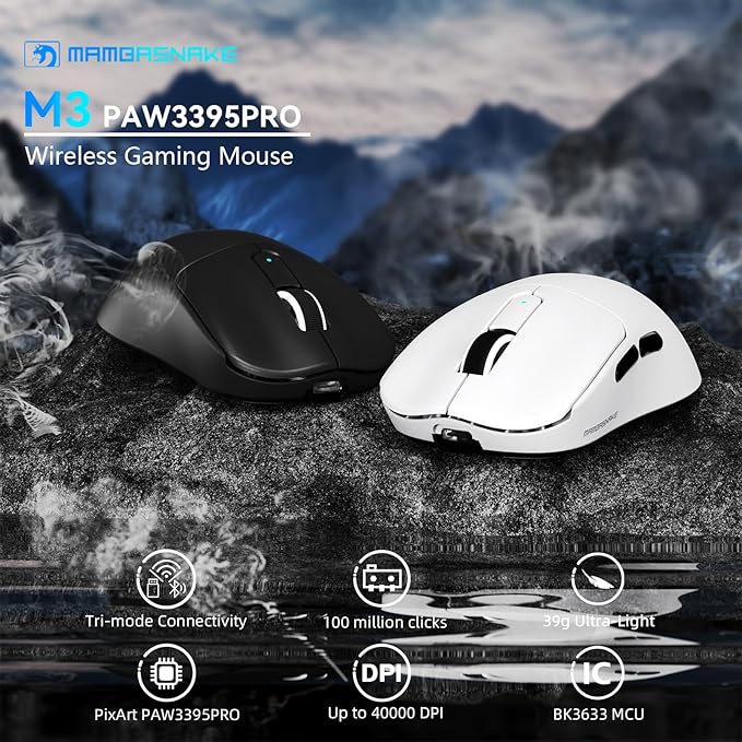 MAMBASNAKE M3 Wireless Gaming Mouse, 40K DPI, 39g Lightweight Gaming Mouse,PAW3395PRO Optical Sensor,Tri-Mode BT5.1/2.4G/USB-C PC Game Mice,Programmable Buttons,300mAh Battery for PC/Laptop/Mac(White)