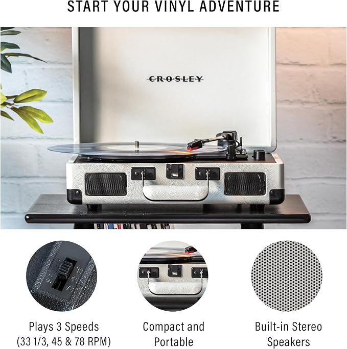 Crosley CR8005DP-WF Cruiser Plus Vintage 3-Speed Bluetooth in/Out Suitcase Vinyl Record Player Turntable, White Farmhouse