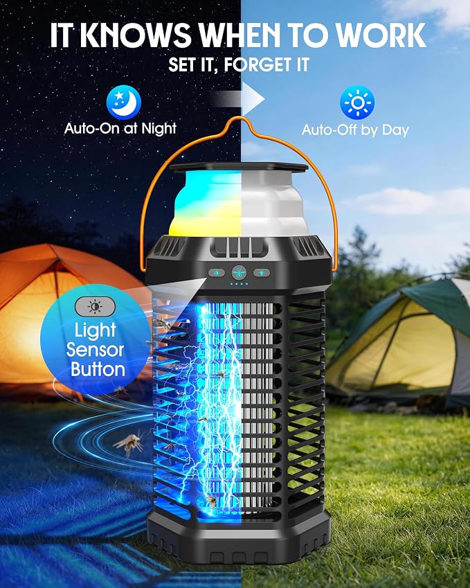 Solar Bug Zapper Outdoor, Rechargeable Mosquito & Fly Zapper with Auto ON/Off, 6000mAh Long-Lasting, Foldable Camping Light, Solar & USB Powered Bug Zapper for Patio, Camping & Indoor Use