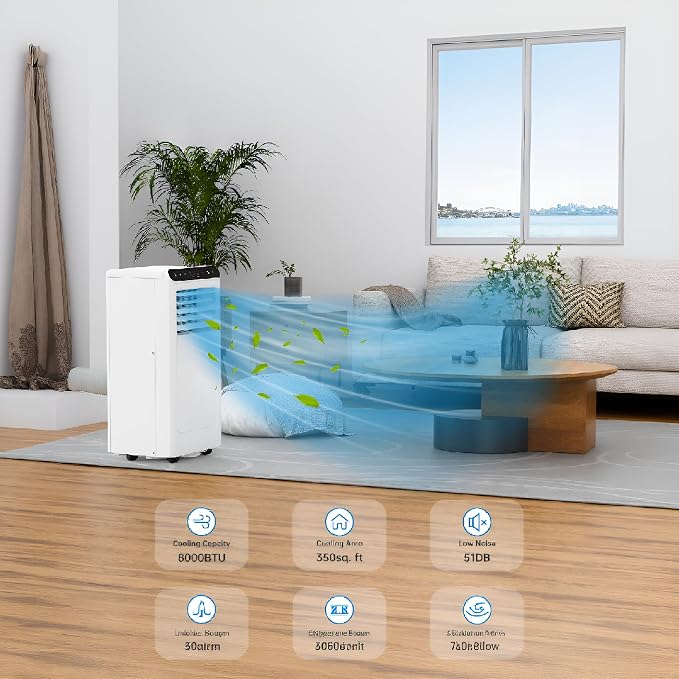 8000 BTU Portable Air Conditioner, Cools 350 Sq.Ft. Quiet 48dB AC Unit with Dehumidifier, Fan & Sleep Modes, 24H Timer, Remote Control & Window Kit, DOE Certified CEER 6.2, White+Black Panel