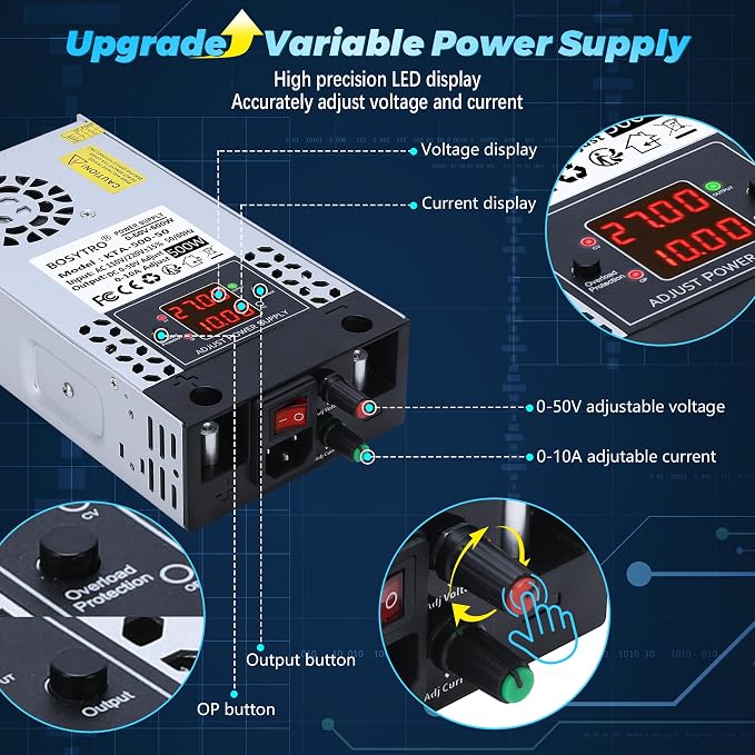 Upgraded Adjustable 0-50V 0-10A 500W Switching Power Supply, AC to DC Converter 5V 12V 24V 30V 48 50v DC Power Supply for Led Strip, Motor Pump, CCTV, 3D Printer, Lab Computer