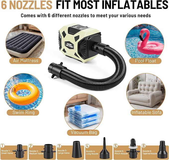 600W Electric Air Pump for Inflatables, High Power Air Mattress Pump with 6 Nozzles, Quick Inflate & Deflate Air Pump for Pool Floats, Vacuum Storage Bags, Swim Rings, Inflatable Toys