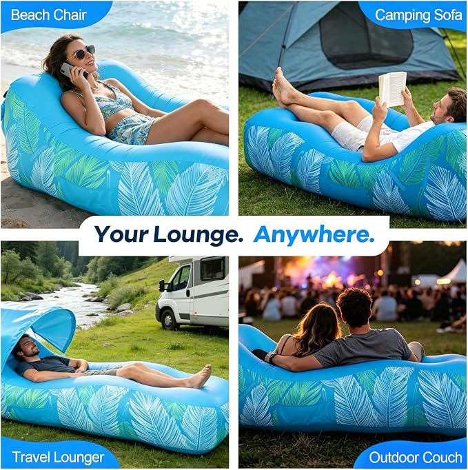 Inflatable Lounger Air Sofa with Unique Sun-Shade, Waterproof Inflatable Beach Bed with Electric Pump, Lightweight Air Hammock Chair for Hiking Backyard Travel Beach Park Picnics（SkyBlue）