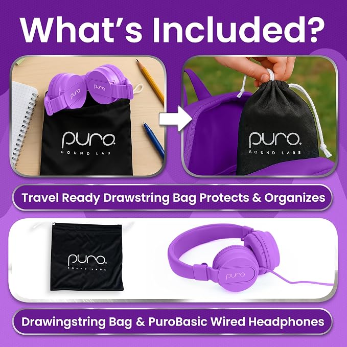 Puro Sound Labs Kids Wired Headphones – Volume-Limiting & Adjustable, Safe & Comfortable Headphones for Kids – Compatible with PCs, Smartphones & Tablets, Ideal for School & Travel – PuroBasic, Purple