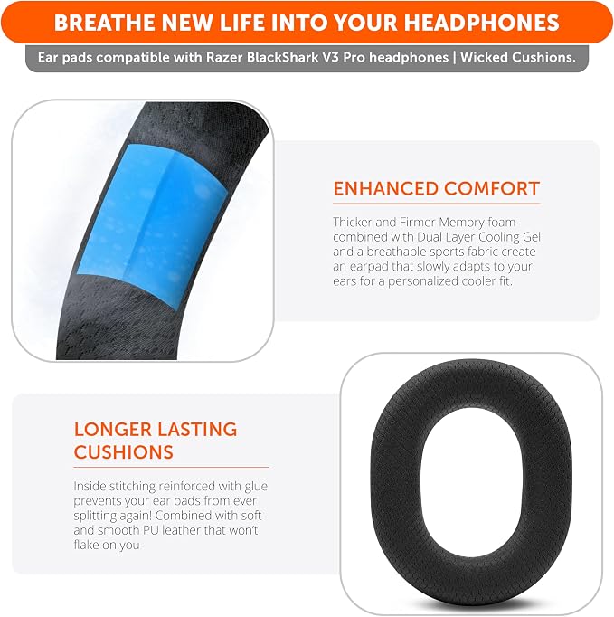 WC Freeze Blackshark V3 Pro – Cooling Gel Earpads Compatible with Razer BlackShark V3 Pro by Wicked Cushions | Enhanced Comfort, Cooling Gel Technology, Extra Thick | Black