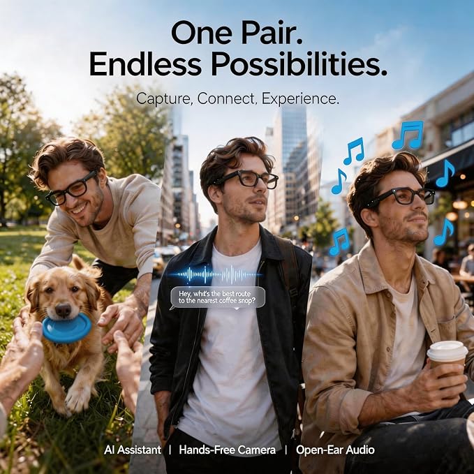 Smart Glasses with Camera, 4K HD Video, 1080P Video Recording & Photo Capture, Open-Ear Bluetooth Audio, AI Translation & Voice Assistant, Dual Lens Wearable Sunglasses for Travel Sports