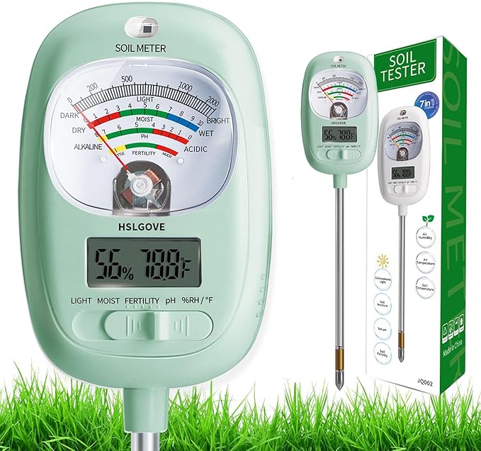 HSLGOVE Soil Test Kit, 7-in-One Soil Moisture Meter/Soil PH Meter/Fertility, Dual Screen Soil Tester w/Digital Soil Temp/Air Temp&Humidity for Plants Gardening,Lawn,Farm Indoor&Outdoor-AppleGreen