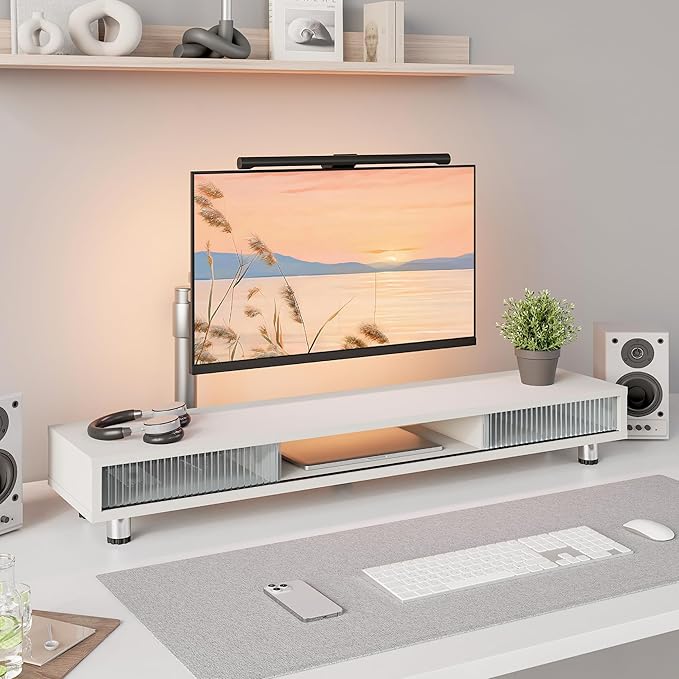 Fenge Dual Monitor Stand, 42.5inch Long Monitor Stands Riser for 2 Monitors, Glass Sliding Door with Storage Organizer Stand for Desk, 2 Tier Desk Shelf for Laptop, Pc, Printer, Computer, TV