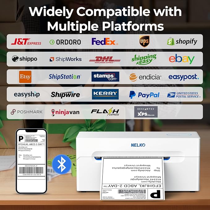Nelko Bluetooth Thermal Shipping Label Printer, Wireless 4x6 Shipping Label Printer for Small Business, Support Android, iPhone and Windows, Widely Used for Amazon, Shopify, Etsy(White)