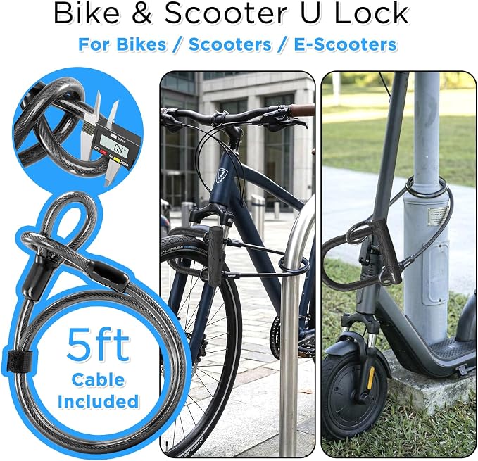 Bike U Lock with 5ft Cable U Lock Bike Bicycle Lock for Scooter Electric Scooter Patent Protected Textured Protective Sleeve 0.74 Inch Shackle 0.4 Inch Diameter Mounting Bracket 3 Keys