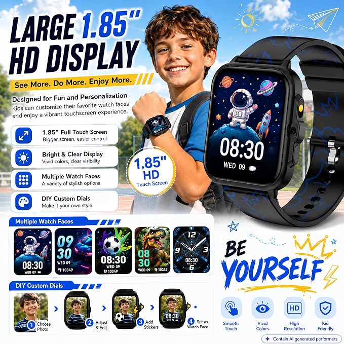 Smart Watch for Kids Boys Age 5-12, Ai Functions Games HD Touch Screen Watches with Video Camera Music Player Pedometer Heart Rate Sleep Tracker Christmas Birthday Gifts for Boys (Black, 1.85")