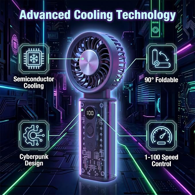 Portable Handheld Fan with Ice Cooler, 90° Flip Head, 3-in-1 Handheld Neck Desk Rechargeable Personal Fan,Up To 12H, 1-100 Speed 3600mAh 15000Rpm, for Travel Camping Home, Transparent, Black