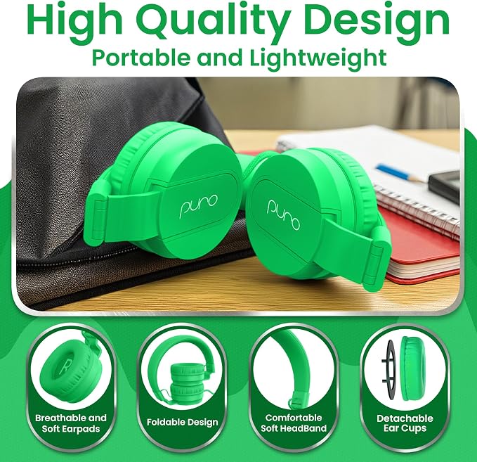 Puro Sound Labs Kids Wired Headphones – Volume-Limiting & Adjustable, Safer & Comfortable Headphones for Kids – Compatible with PCs, Smartphones & Tablets, Ideal for School & Travel – PuroBasic, Green