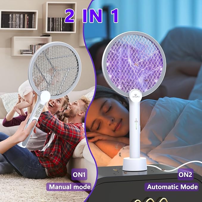 Bug Zapper Racket, 2 Mode Electric Fly Swatter with USB Rechargeable, 4000V Fly Zapper with 3 Layer Safety Mesh, Bug Zapper Racket for Indoor, Outdoor.