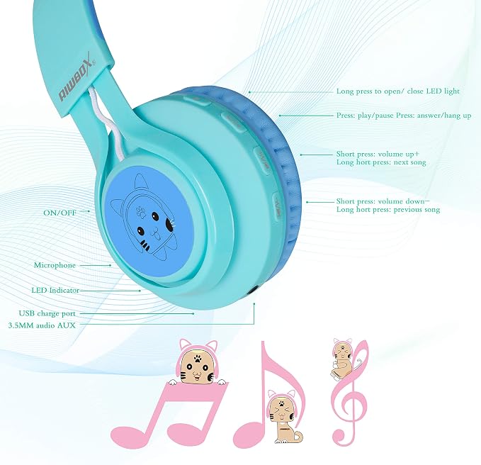 Riwbox Kids Headphones, CT-7S Cat Ear Bluetooth Headphones with LED Light, 85dB Volume Limiting, Over Ear with Microphone for Laptop/PC/TV (Blue & Green)