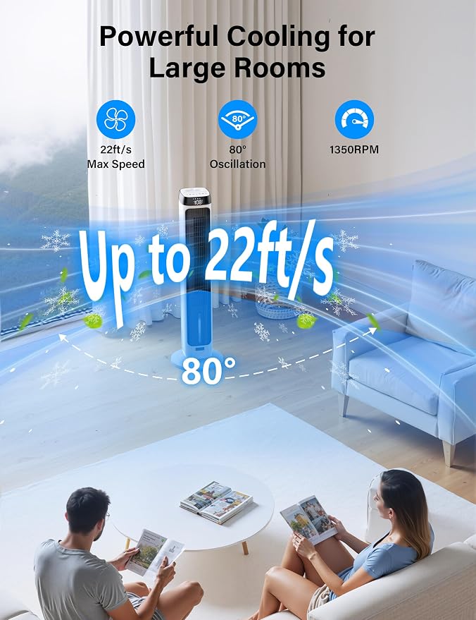 PNTCK 41" Evaporative Air Cooler Swamp Cooler with 3 Speeds, 5 Modes, 12H Timer, Remote, 80° Oscillation, LED Display, Bladeless Tower Fan Cooling Fan for Bedroom Office Large Room Indoor Use