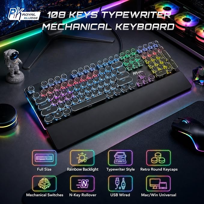 RK ROYAL KLUDGE S108 Typewriter Mechanical Keyboard, Wired Gaming Keyboard with Number Pad, Full Size Retro Keyboards w/Detachable Wrist Rest for Mac/Win/PC, Clicky Blue Switch, Rainbow Backlit Black