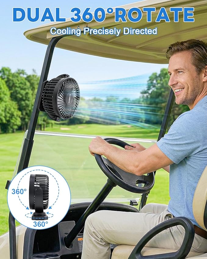 2-Pack Golf Cart Fans Rechargeable, 12000mAh Battery Operated Portable Fan with 2X Magnetic Fan Base, 3 Speeds, Lights - for EZGO Club Car Yamaha Golf Cart Accessories, Gifts for Men Dad Husband