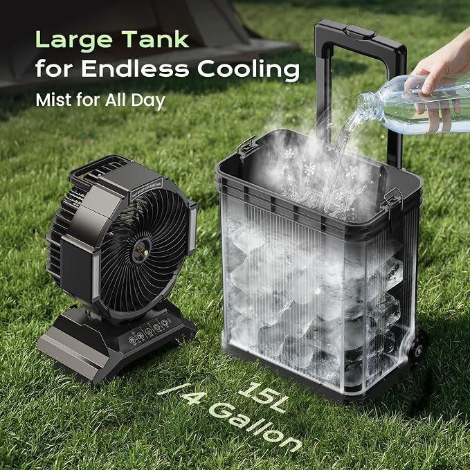 4 Gal Large Misting Bucket Fan Portable, 40000mAh Rechargeable Mister Fan with Retractable Handle & Oscillating Camping Fan for Patio/Beach/Fishing/Golf/Travel Essentials