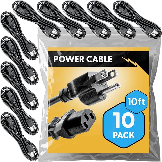 UL Approved 10ft Universal Power Cord (10 Pack) - IEC C13 to NEMA 5-15P Computer Monitor Cable for IT Departments, Data Centers & Bulk Purchasing - 18AWG 10A 125V