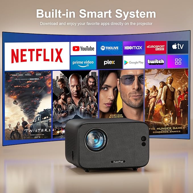 [Officially-Licensed App & Auto Focus]Light Black Smart Mini Projector with WiFi and Bluetooth, XuanPad 4K Support Movie Projector, Portable Native 1080P Outdoor Projector with 360° Stand