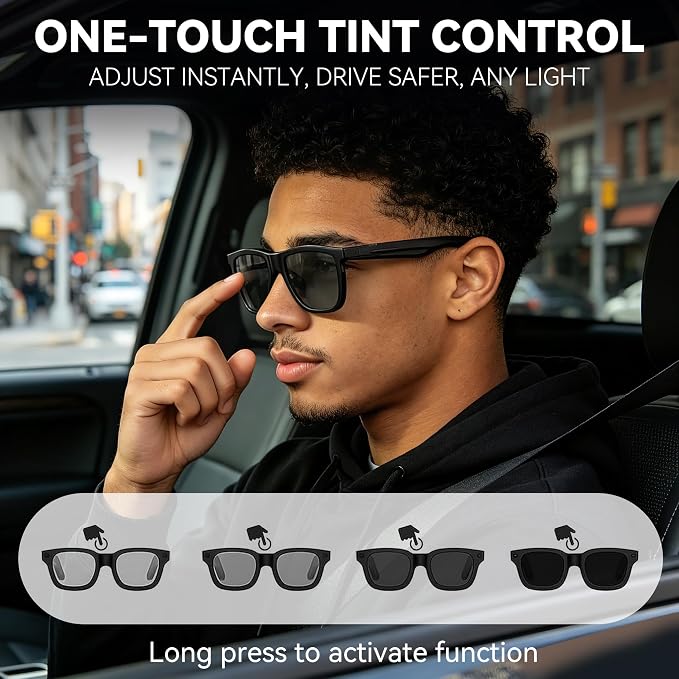 2026 Smart Audio Glasses with Electrochromic Lenses, Adjustable Tint Sunglasses for Driving,Travel,Daily Use,Open Ear Bluetooth 5.4, AI Translation, Premium Tech Gadget Gift for Men Women