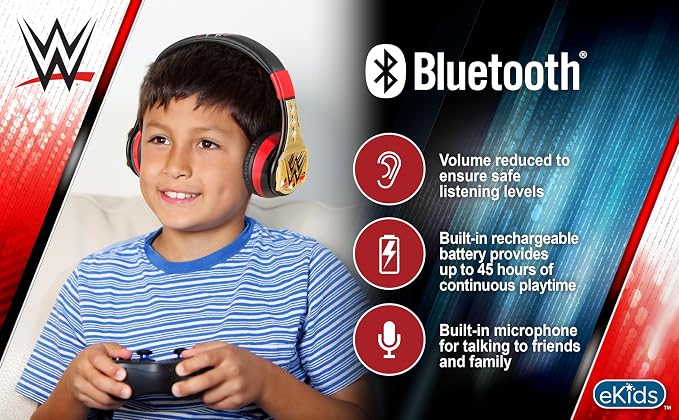 WWE Bluetooth Headphones for Kids, Volume Reduced Wireless Headphones for School Home or Travel (WWE)
