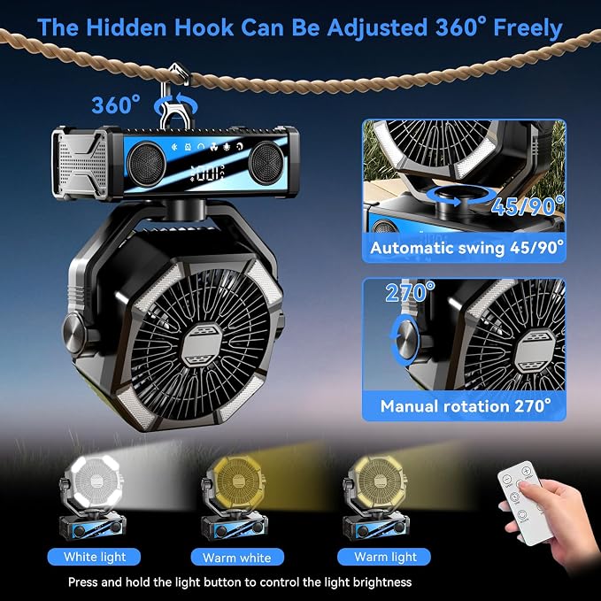Portable fan rechargeable with 5.3 Bluetooth Speaker, 25000mAh Camping Fan with 5 Speed Touch Control & 3-Mode LED Light, Remote, USB/Type-C Ports, 1-8H Timer for Party, Travel, BBQ, Indoor, Outages
