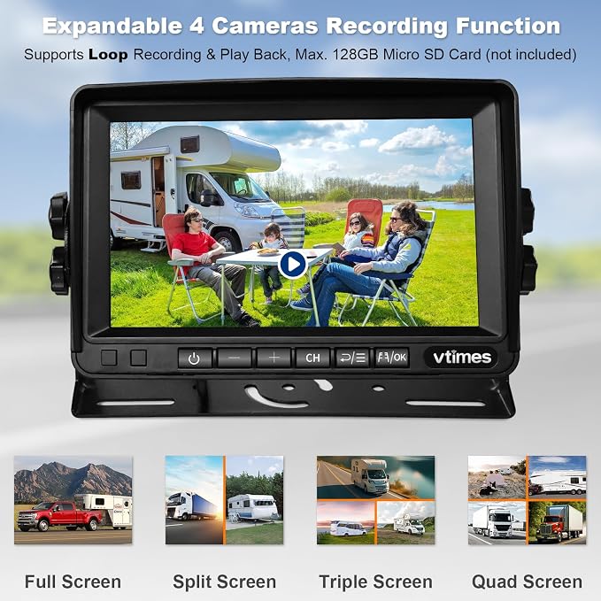 VTimes Wireless Backup Camera for Trucks, RV Backup Camera with 7" HD Monitor, 4 Channels Split Screen, BSD Alert, 984ft Signal Range, IP69K Waterproof IR Night Vision Wide Angle, DIY Guide Lines