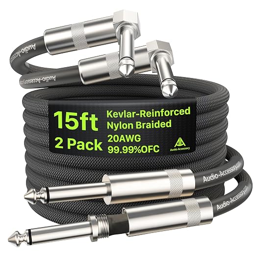 AA AUDIO ACCESSORY Right Angle Guitar Cords 15ft 2 Pack, Nylon Braided Anti-Kinking Kevlar-Reinforced, 20 AWG 99.99% OFC 1/4 Instrument Cable, AL & OFC Shielded Guitar Cable for Fender Electric Guitar
