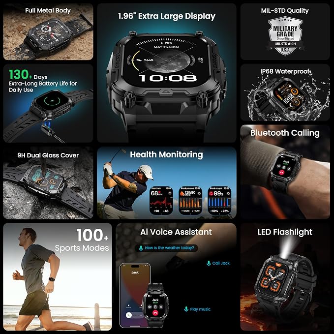 AMAZTIM Smart Watch for Men, 130 Days Extra-Long Battery, 1.96" Full Metal Rugged Military Watch, 50M Waterproof, Flashlight, 24/7 Heart Rate Sleep Monitor, Answer/Dial Calls, for Android & iOS