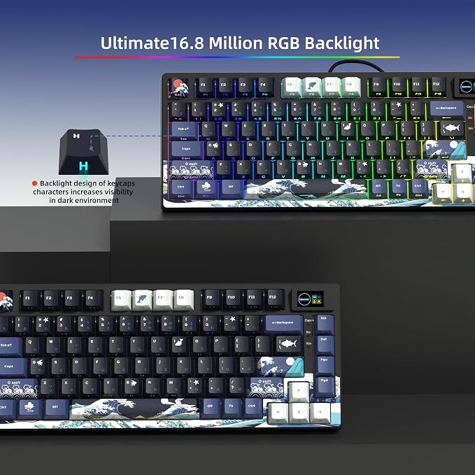 Womier SK80 75% Keyboard with Color Multimedia Display Mechanical Gaming Keyboard Creamy Sound, Wired Hot Swappable Gasket Mount RGB Custom Key Board, Pre-lubed Stabilizer for Mac/Win, Black Kanagawa