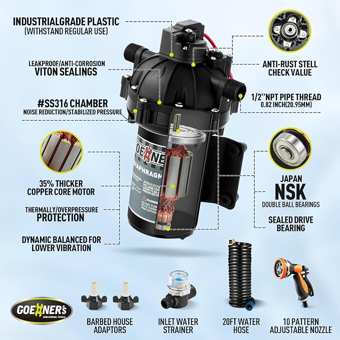 [Upgraded Version] Fresh Water Pump with Spray Gun, 12V DC Water Pump, 6.5GPM 70PSI Five Chamber Self-Priming Diaphragm Water Pump with Heavy Duty Pressure Switch and Strainer