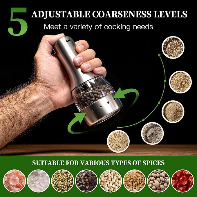 Electric Salt and Pepper Grinder Set of 2 - USB-C Rechargeable Automatic Salt Grinder, Stainless Steel Pepper Mill with LED Light, 5 Adjustable Coarseness, Tray & Brush Included