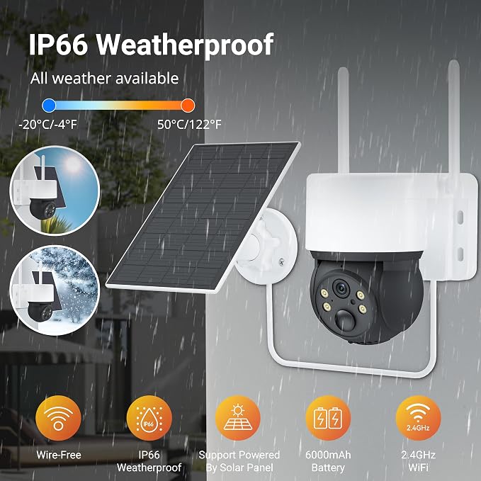 Solar Cameras for Home Security, Security Cameras Wireless Outdoor, 360° Pan & Tilt View, Battery-Powered Outdoor Camera with PIR Motion Detection, Two-Way Audio, Night Vision, Compatible with Alexa