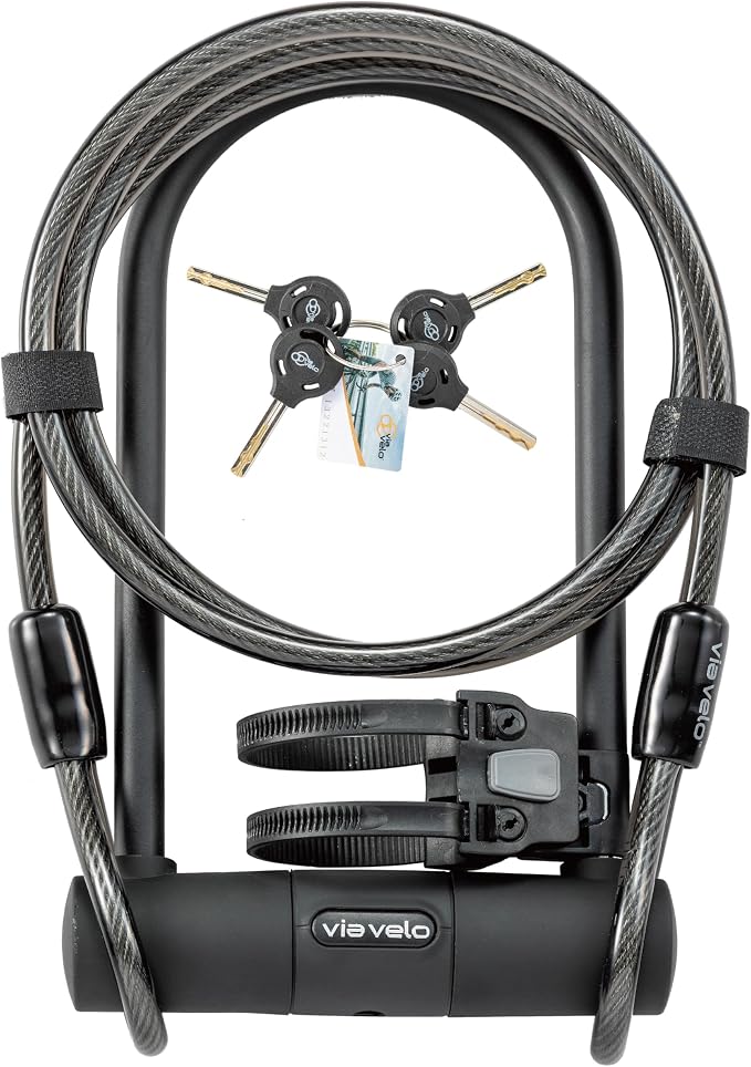 Via Velo Bike U Lock with Cable | Classic U Lock Heavy Duty Anti-Theft 15mm Shackle Innerside 9.25 x 4.5 in Sold Secure Silver Approval with 6Ft Cable Security Lock for Bike Electric Bike Scooter