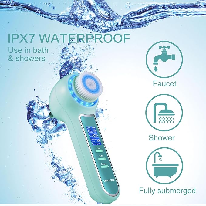 UMICKOO Face Scrubber Exfoliator,Facial Cleansing Brush Waterproof with LCD Screen,Blackhead Remover Vacuum with 5 Brush Heads,Face Spin Brush for Exfoliating (Mint-Green)