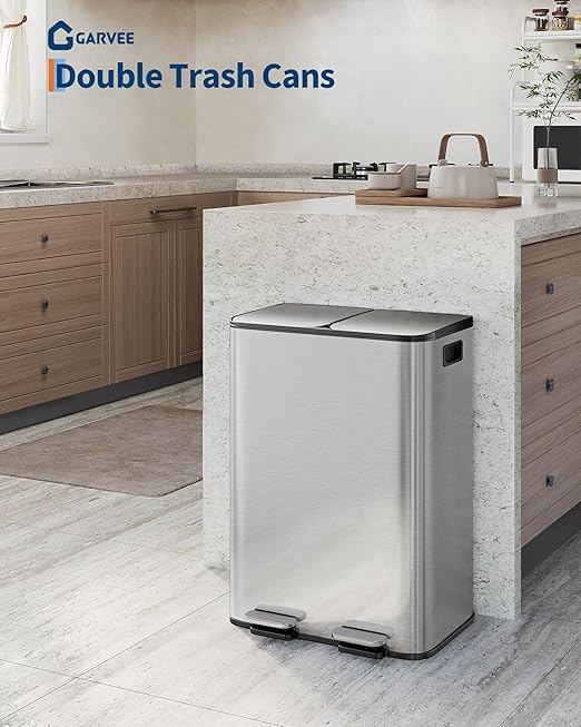 Garvee Trash Can, 2 x 8 gal (2 x 30 L) Garbage Can for Kitchen Dual Compartment Recycling Kitchen Step Trash Bin, Stainless Steel Trash and Recycle Bin Combo with Soft-Close Lid,Silver