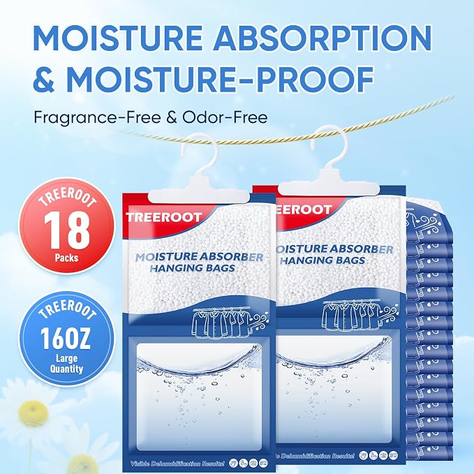 18 Pack Moisture Absorbers for Closet, 16OZ Hanging Closet Dehumidifier Bags, Hanging Humidity Absorber in Wardrobes, Kitchens and Bathrooms, Fragrance Free Portable Moisture bags